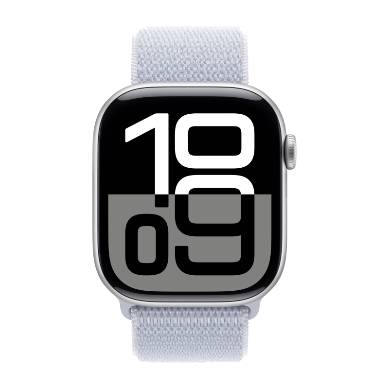 Apple Watch Series 10, 42 мм, корпус из алюминия серебристого цвета, текстильный браслет дымчато-голубого цвета